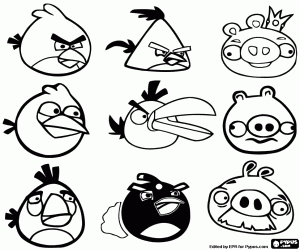 Angry Birds, negen personages kleurplaat