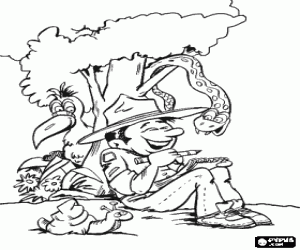 Een avonturier en de dieren kleurplaat