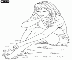 Barbie zittend op het gras kleurplaat