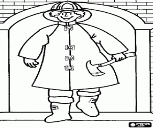 Brandweerman met bijl en een gebouw kleurplaat