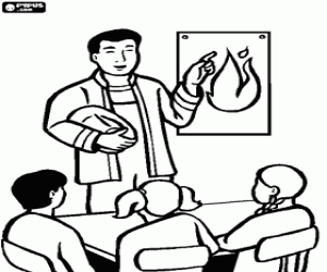 Een brandweerman met kinderen van school kleurplaat