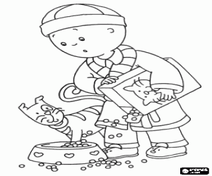 Caillou en de voeding voor de kat Gilbert kleurplaat