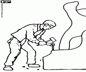 De beeldhouwer kerft de steen kleurplaat