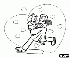 De bruid op de armen van de bruidegom kleurplaat