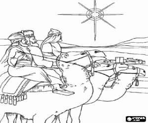 De drie koningen en kamelen in Bethlehem kleurplaat