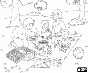 De familie van Caillou in een picknick kleurplaat