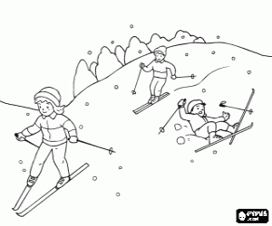 De kinderen skiën in de winter kleurplaat