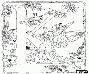 De letter K met bloemen en een fee kleurplaat