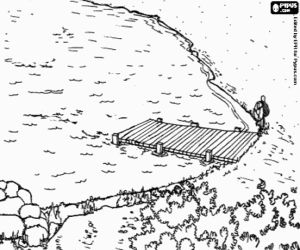 De oever van een meer met een dok kleurplaat