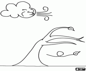 De sterke wind raakt een boom kleurplaat