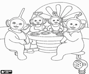 De Teletubbies aan tafel voor de lunch kleurplaat