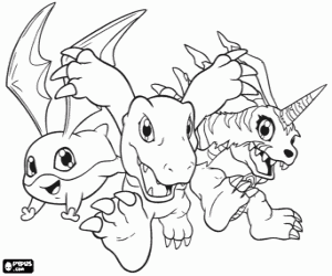 Digimon: Patamon, Agumon en Gabumon kleurplaat