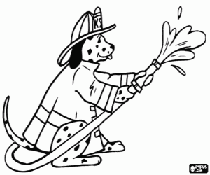 Een hond brandweerman met de slang kleurplaat