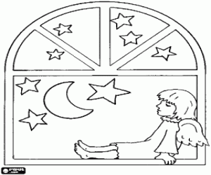 Een engel van Kerstmis in het venster kleurplaat