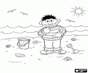 Ernie spelen met zand op het strand kleurplaat