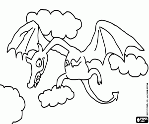 Gevleugelde dragon vliegen tussen wolken kleurplaat