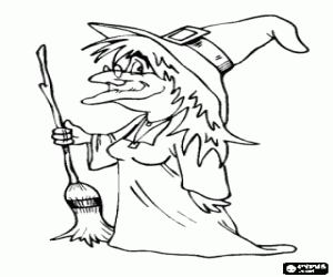 Heks met magische bezem kleurplaat