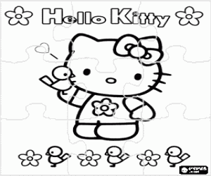 Hello Kitty met bloemen puzzel kleurplaat