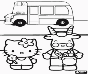 Hello Kitty en de bus kleurplaat