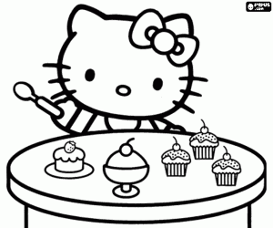 Hello Kitty en de cupcakes kleurplaat