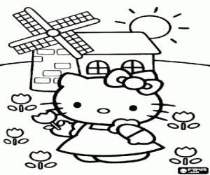 Hello Kitty en de papavers kleurplaat