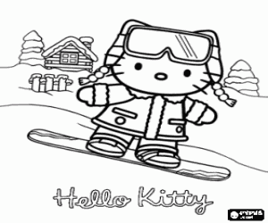 Hello Kitty met de snowboard kleurplaat