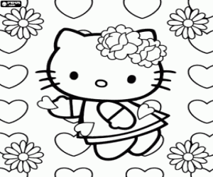 Hello Kitty onder bloemen en harten kleurplaat