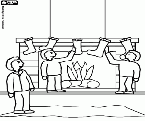 Kerst ornamenten bij open haard kleurplaat