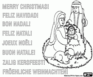 Kerstkaart met de Heilige familie kleurplaat