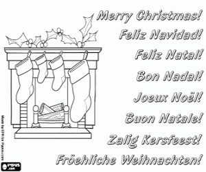 Kerstkaart met een open haard kleurplaat