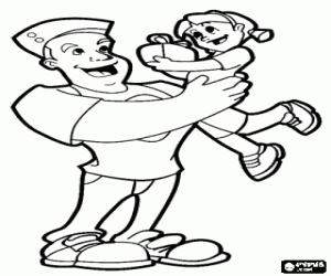 Klein meisje en cadeau in papas armen kleurplaat