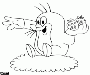 Krtek de mol met aardbeien in hand kleurplaat