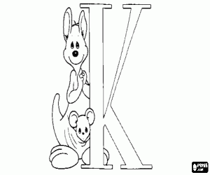 Letter K met moeder en baby kangoeroe kleurplaat