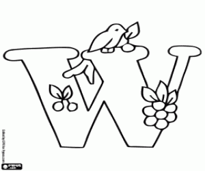 Letter W, vogel en klein fruit kleurplaat