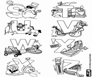 Letters S tot en met Z, ingerichte alfabet kleurplaat