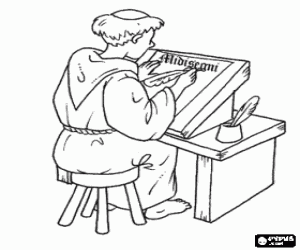 Middeleeuwse monnik met een perkament kleurplaat