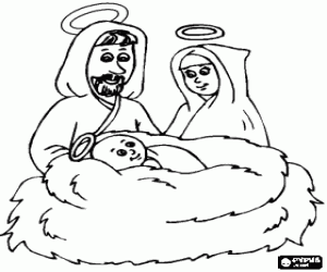 Nativity, Baby Jezus met zijn ouders kleurplaat
