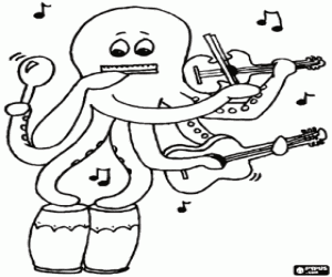Een octopus met muziekinstrumenten kleurplaat