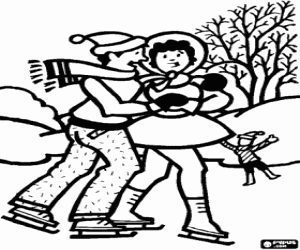 Paar schaatsen op de bevroren meer kleurplaat