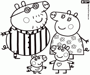 Peppa Big en haar familie in pyjama kleurplaat
