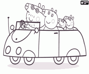Peppa Pig de familie in de auto kleurplaat