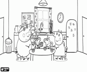 Peppa Pig familie eten ontbijt kleurplaat