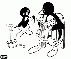 Pingu met een bal en zijn vader kleurplaat