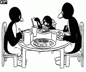 Pingu en zijn ouders aan de tafel kleurplaat