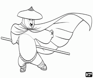 Po de panda met hoed en stok kleurplaat