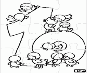 Puzzel nummer tien en vogels kleurplaat