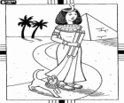 In de buurt van een piramide en enkele palmbomen Cleopatra samen wandelen met haar kat, die de godin Bastet, met hun hoofddeksels in de vorm van een slang of asp