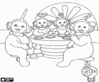 De vier Teletubbies met de slabbetjes zitten aan de tafel maaltijd