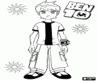Ben 10 en de Omnitrix, met drie zonnen en de Ben 10 logo
