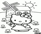 Hello Kitty picks papavers tijdens een wandeling langs een windmolen op het gebied